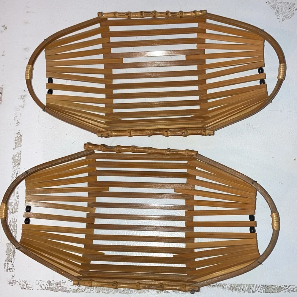 Holiday Bread Baskets Set/2 Mid Century Rattan Baskets W/ Black Beads & Handles